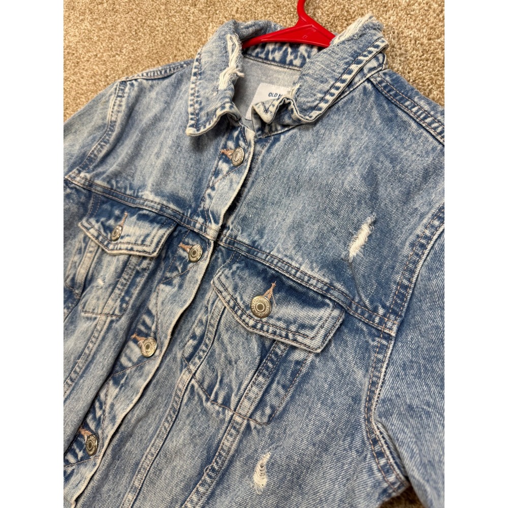 Old Navy Womens Light Wash Distressed Denim Trucker Jacket Size M Blue Cotton